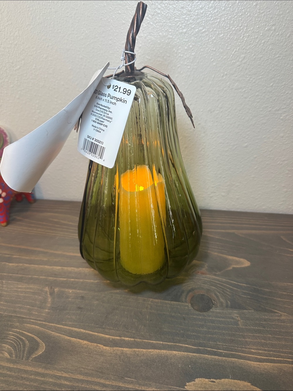 Green Glass Pumpkin Lantern with LED Candle -